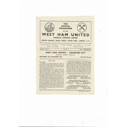 1956/57 West Ham United v Leicester City Football Programme