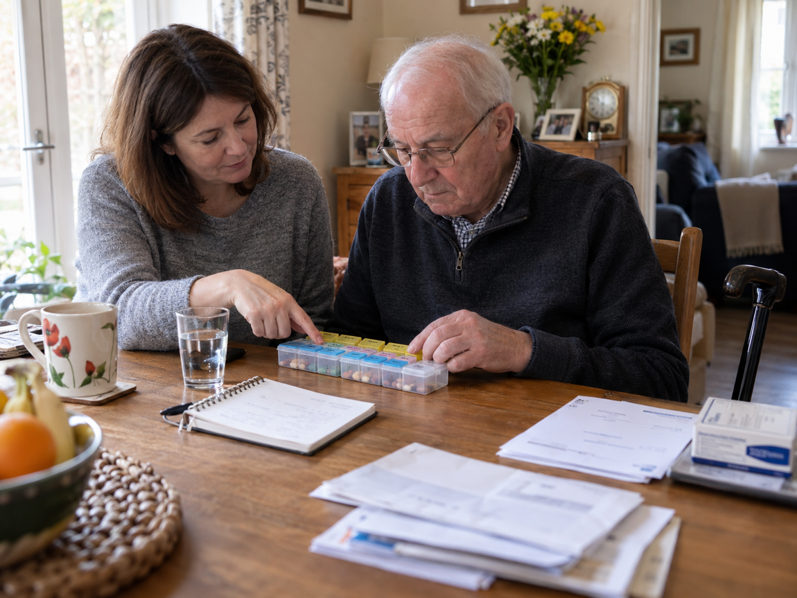 Older man reviewing a weekly medication organiser with his daughter after a stroke.