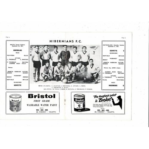 Hibernians v Servette European Cup Football Programme 1961/62