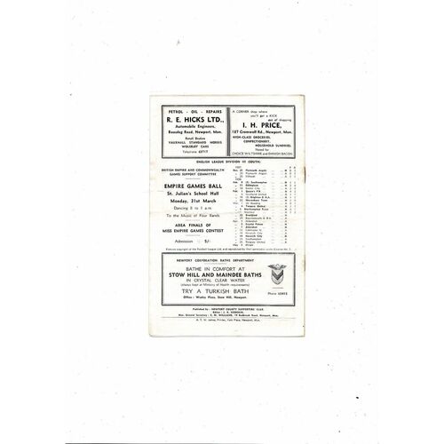 1957/58 Newport County v Brentford Football Programme