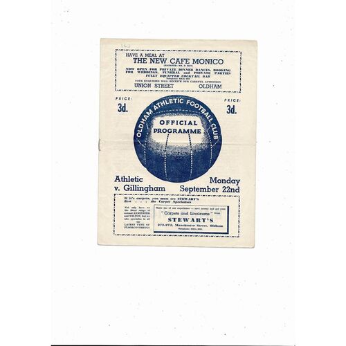 1958/59 Oldham Athletic v Gillingham Football Programme