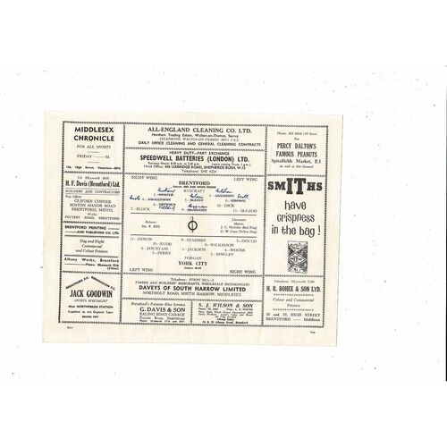 1962/63 Brentford v York City Football Programme