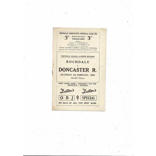 1959/60 Rochdale v Doncaster Rovers Football Programme