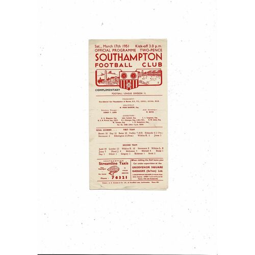 1950/51 Southampton v Grimsby Town Football Programme