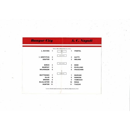 Bangor City v Napoli European Cup Winners Cup Football Programme 1962/63 @ Arsenal