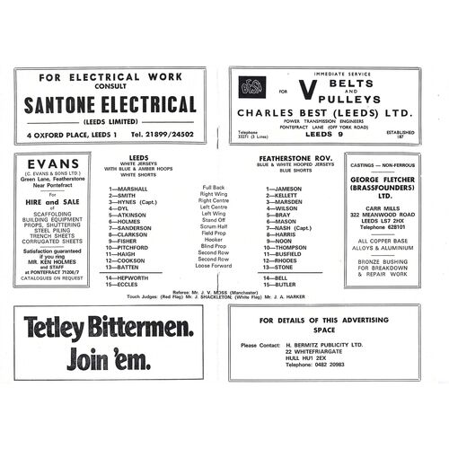 1974/75 Leeds v Featherstone Rovers (12/10/1974) Rugby League Programme