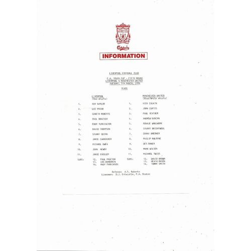 Liverpool v Manchester United FA Youth Cup Football Team Sheet 1995/96