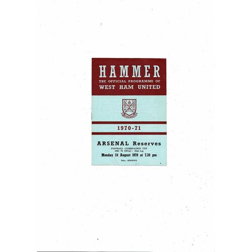 West Ham United v Arsenal Combination Cup Final Football Programme 1970/71