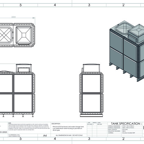 PW.2X1X2.TIF.AB - 5315 LITRE SECTIONAL WATER TANK, TOTALLY INTERNALLY FLANGED (TIF) C/W FVH
