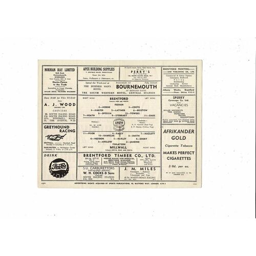 1954/55 Brentford v Millwall Football Programme