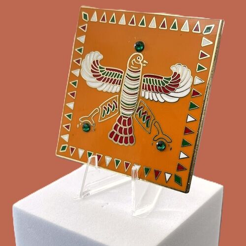 Display & Magnet Tile. The Persian Falcon. Deep Orange with 3 Green stones.