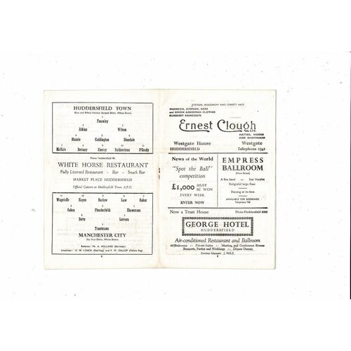 Huddersfield Town v Manchester City Friendly Football Programme 1960/61