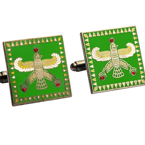 Cufflinks. The Persian Falcon. Medium Green with 3 Red Stones.