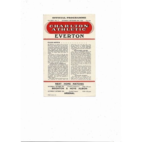 1956/57 Charlton Athletic v Everton Football Programme