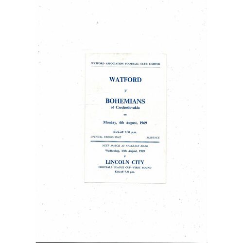 Watford v Bohemians Friendly Football Programme 1969/70