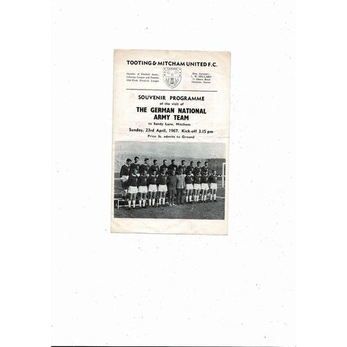 Tooting & Mitcham v The German National Army Friendly Football Programme 1966/67