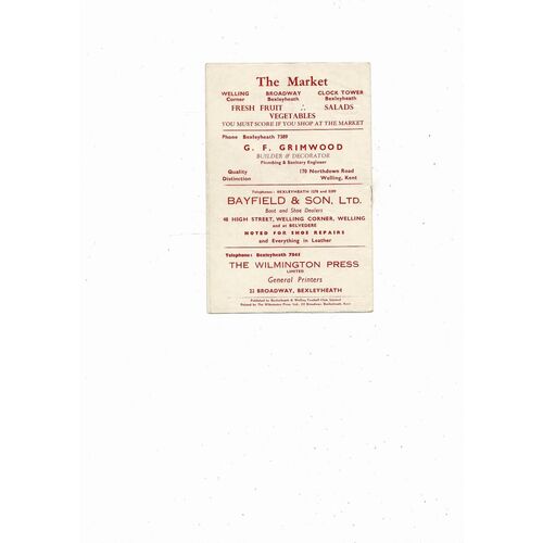 1955/56 Bexleyheath & Welling v Folkestone Town Kent League Football Programme