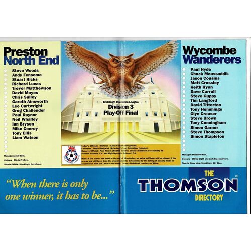 1994 Preston v Wycombe Wanderers Play Off Final Div 3 Football Programme