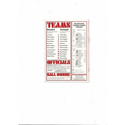 1977/78 Brentford v Hartlepool United Football Programme