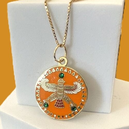 Round Pendant. The Persian Falcon. Deep Orange with 3 Green Stones.