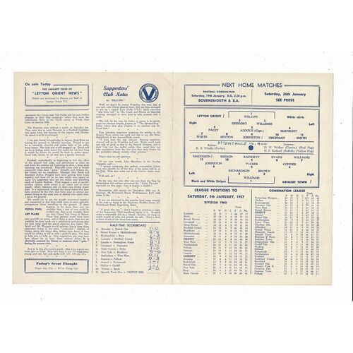 1956/57 Leyton Orient v Grimsby Town Football Programme