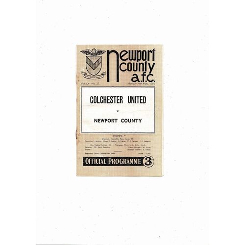 1958/59 Newport County v Colchester United Football Programme
