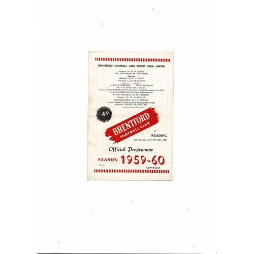 1959/60 Brentford v Reading Football Programme