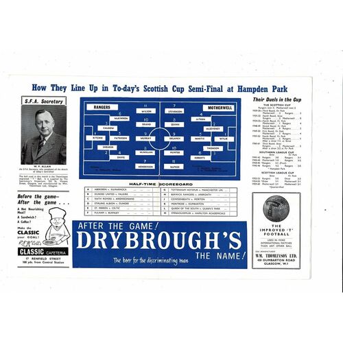 1962 Rangers v Motherwell Scottish Cup Semi Final Football Programme