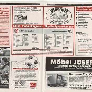 FC Kaiserslautern v Sheffield Wednesday UEFA Cup Football Programme 1992/93