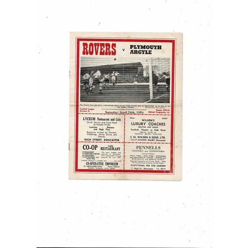 1953/54 Doncaster Rovers v Plymouth Argyle Football Programme