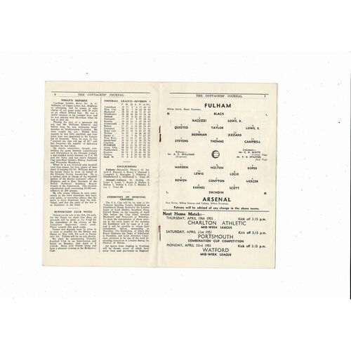 1950/51 Fulham v Arsenal Football Programmes