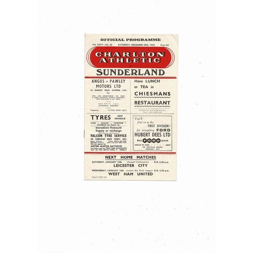 1956/57 Charlton Athletic v Sunderland Football Programme
