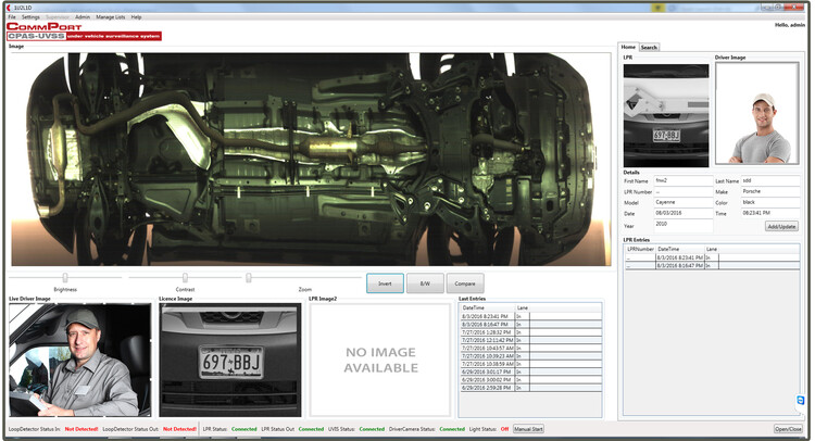 Comm-Port UVIS - Control Room Screen Shot, showing under vehicle inspection, driver image and licence plate recognition camera feeds.