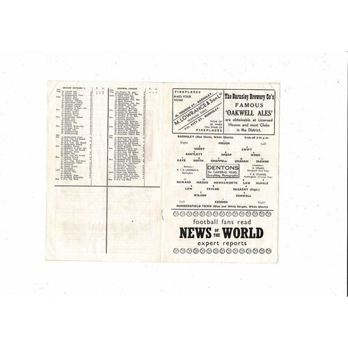 1958/59 Barnsley v Huddersfield Town Football Programme