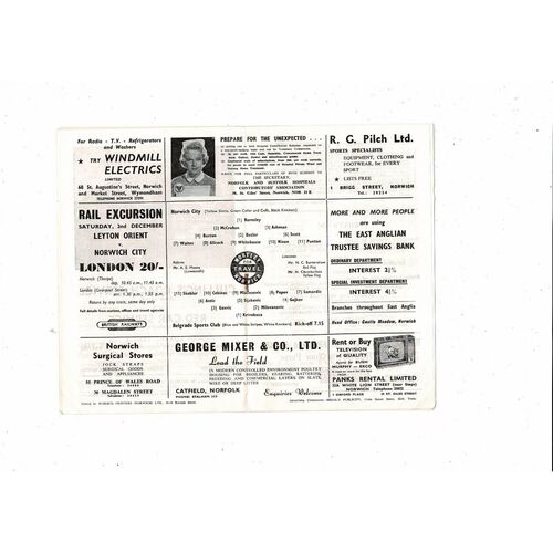 Norwich City v Belgrade Sports Club Friendly Football Programme 1961/62