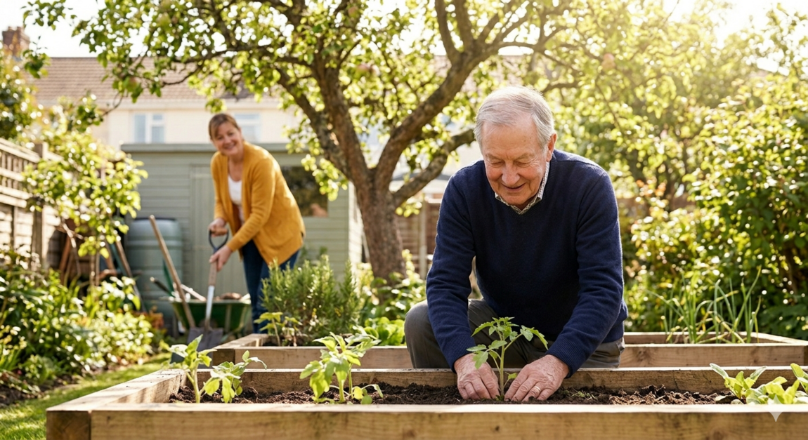 A bright and optimistic wide-angle photograph of an elderly man in a navy sweater happily planting seedlings in a raised garden bed. In the soft-focus background, a female Home Helper in a warm yellow cardigan smiles while tidying garden tools. The sun-drenched Bristol garden setting emphasizes how early support protects a senior's independence and ability to enjoy their hobbies safely.