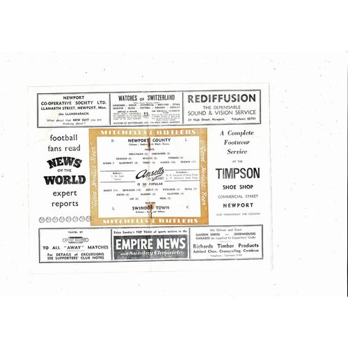 1957/58 Newport County v Swindon Town Football Programme