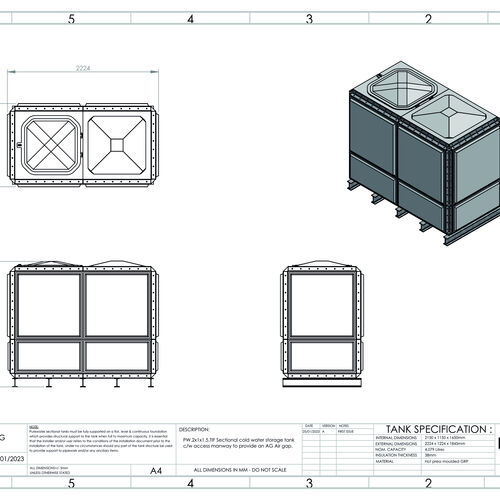 PW.2X1X1.5.TIF.AG - 4079 LITRE SECTIONAL WATER TANK, TOTALLY INTERNALLY FLANGED (TIF)