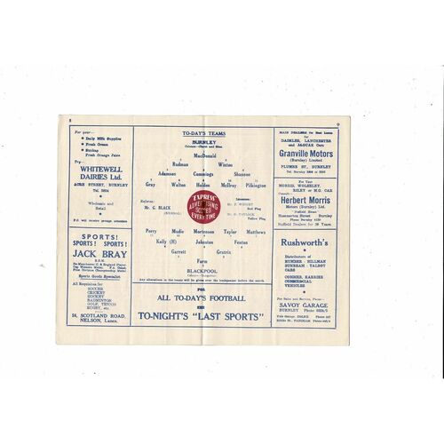 1954/55 Burnley v Blackpool Football Programme