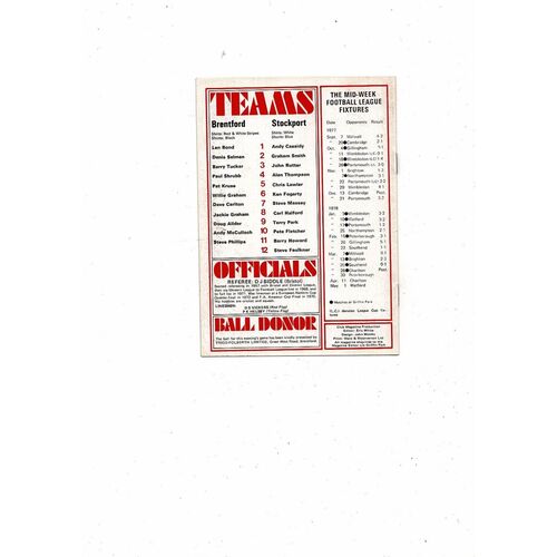 1977/78 Brentford v Stockport County Football Programme