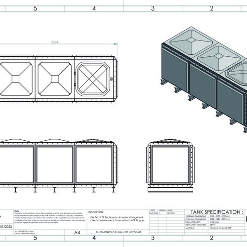 PW.3X1X1.TIF.AG - 4165 LITRE SECTIONAL WATER TANK, TOTALLY INTERNALLY FLANGED (TIF)