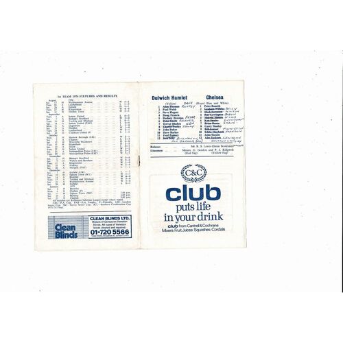 Dulwich Hamlet v Chelsea Friendly Football Programme 1974/75