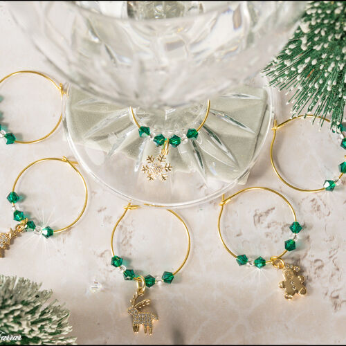 Set of 6 18ct Gold-Plated Christmas Wine Glass Charms – Cubic Zirconia & Crystal Accents