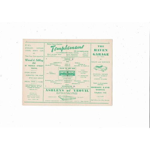 1956/57 Yeovil Town v Worcester Southern League Football Programme