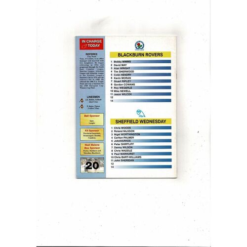 1992/93 Blackburn Rovers v Sheffield Wednesday League Cup Semi Final Football Programme