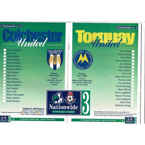 1998 Colchester United v Torquay United Play Off Div 3 Final Football Programme