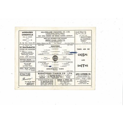 1959/60 Brentford v Shrewsbury Town Football Programme