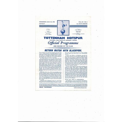 1960/61 Tottenham Hotspur v Blackpool Football Programme. Spurs double season