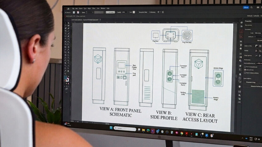 Graphic designer working on a detailed blueprint for an electric vehicle charging station, with separate views for the front, side, and rear access panels, on a computer screen.