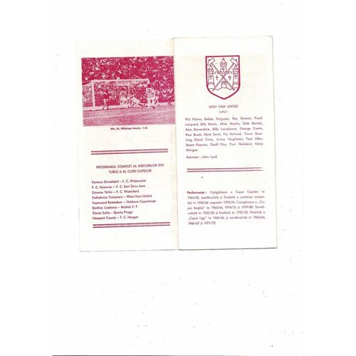 Politehnica Timisoara v West Ham United European Cup Winners Cup Football Programme 1980/81